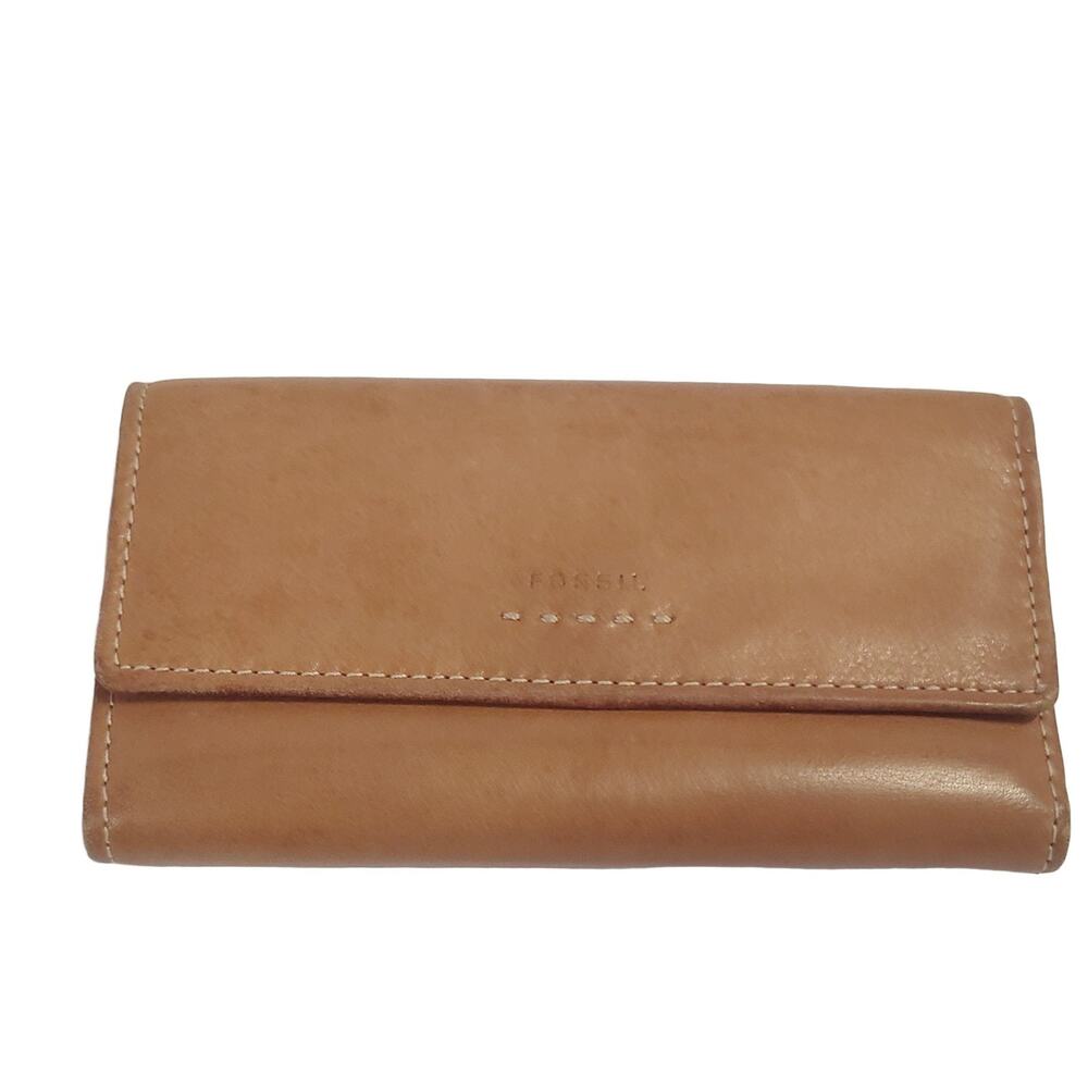 Fossil Genuine Leather Bifold Wallet Clutch Tan Women's Checkbook Vintage